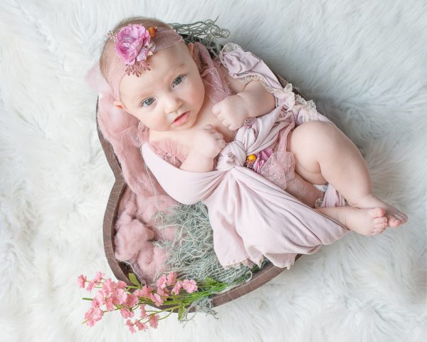 Beautiful baby girl in pink tulle gown in a heart bowl