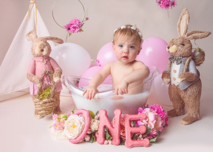 Amazing Baby Girl Cake Smash, Baby in Tub with Bunnies